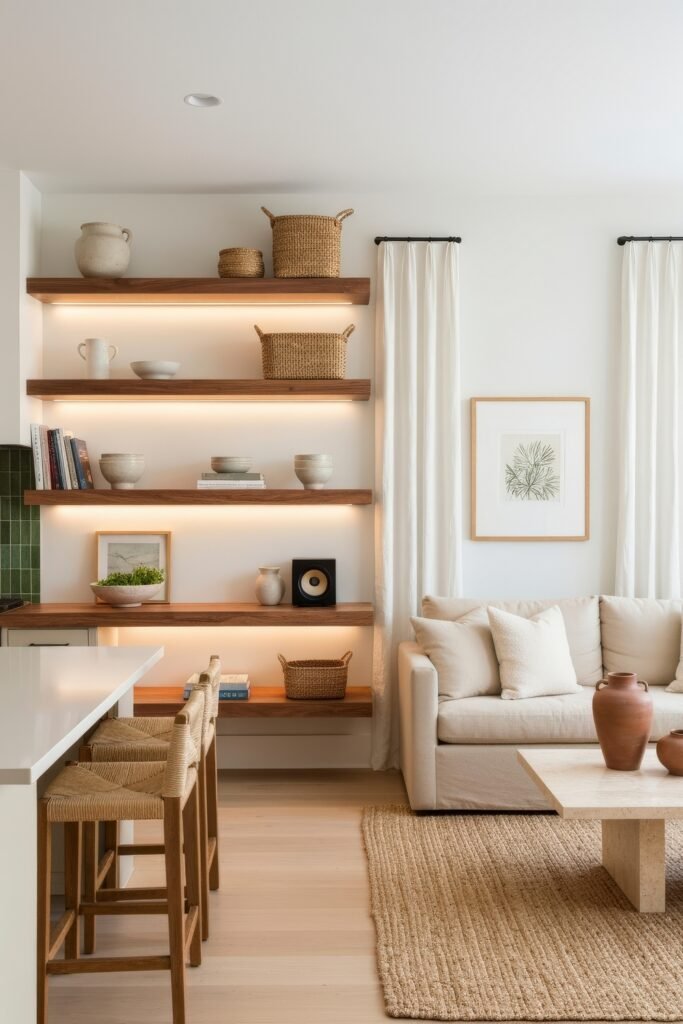 Smart Ways to Style a Kitchen and Living Room Combo 23 Serene kitchen and living room combo featuring open wood shelving with soft lighting, woven textures, and a neutral sofa with minimalist decor for a calm, coastal-inspired vibe.