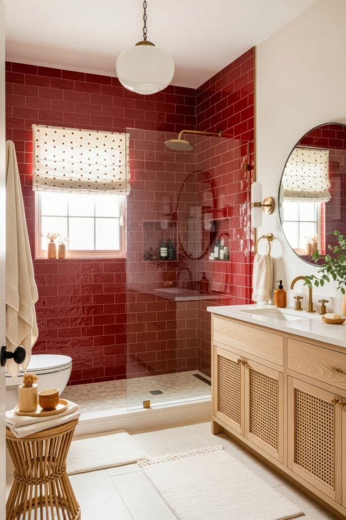 13 Bold Ideas for Red Bathroom Decor That Wow 23 Warm bathroom with glossy red subway tiles in the shower, natural wood vanity, and soft neutral decor for a cozy red bathroom decor style.