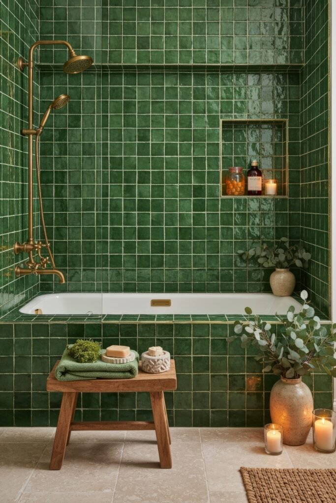 Fresh, Stylish Ways To Elevate Your Tub Shower Combo 21 Spa-like bathroom with a deep green tiled tub shower combo, brass fixtures, built-in niche with candles and bottles, and a wood stool with soap and greenery.