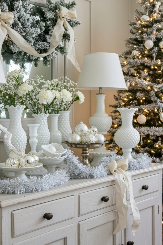 Sideboard styled with milk glass vases filled with white flowers, silver ornaments, a frosted wreath with ribbon, and a Christmas tree glowing in the background.