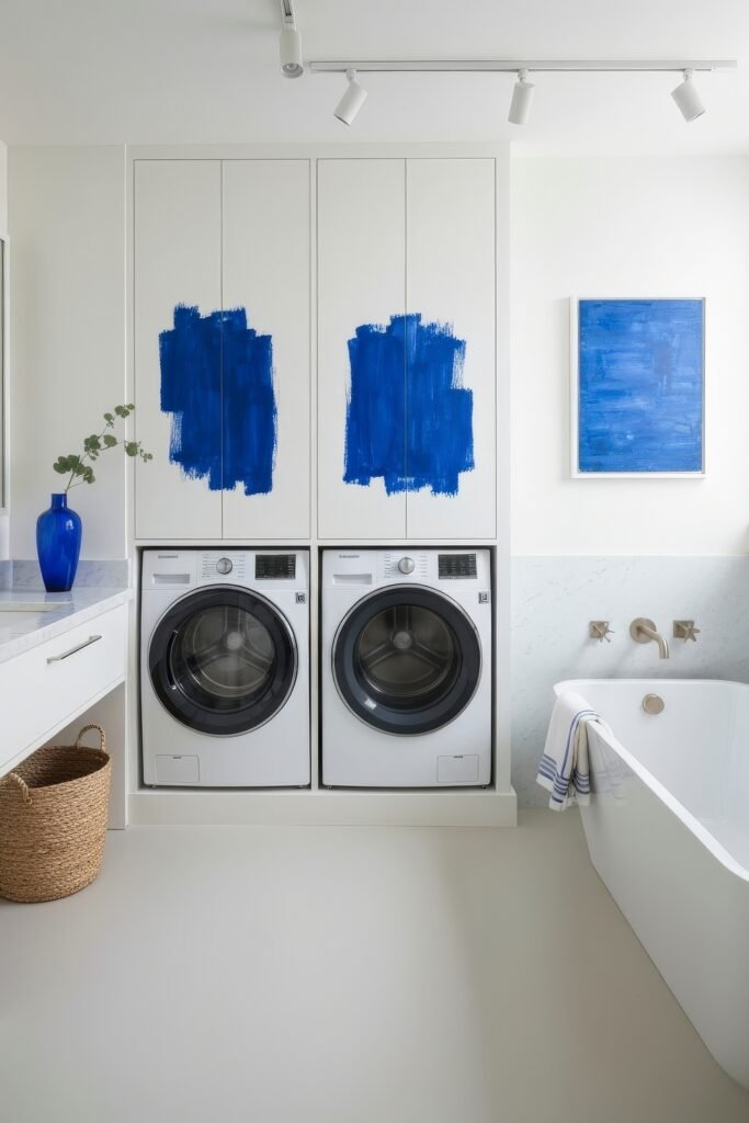 Stylish Small Spaces: Bathroom Laundry Combo 21 Bright bathroom laundry combo with bold cobalt blue painted cabinet accents above a side-by-side washer and dryer, paired with a soaking tub and minimalist decor.