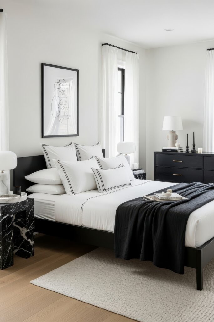 Stylish black and white bedroom ideas with a dark wood bed, white linens, black marble nightstands, and abstract line art above the bed.