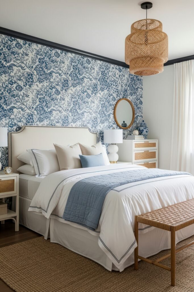 Fresh blue bedroom ideas for a calm, chic retreat 25 Classic bedroom with blue floral wallpaper, white and blue bedding, neutral accent pillows, and woven light fixture.