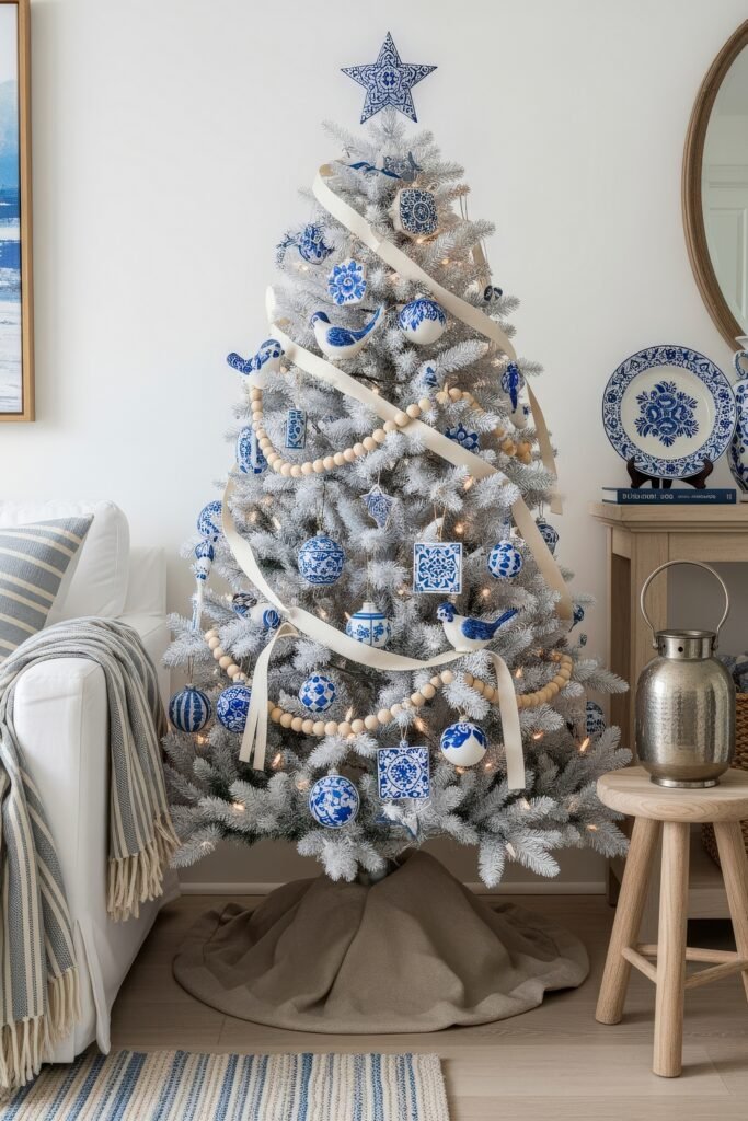 Cozy Holiday Magic With Blue Christmas Décor 23 Frosted Christmas tree decorated in blue and white patterned ornaments, ribbon, and wooden bead garland, styled beside a white sofa and coastal-inspired accents.
