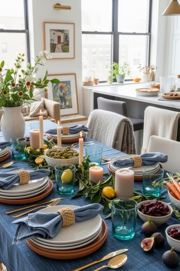 Fresh Ways to Style Blue Thanksgiving Table Décor 21 Bright Thanksgiving table with a blue cloth, woven napkin rings, teal glassware, candles, lemons, olives, figs, and bowls of cranberry sauce.