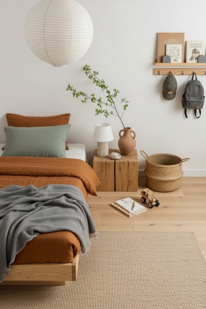 Breezy, Stylish Boys Bedroom Ideas for Modern Families 24 Earthy boys bedroom with rust-colored bedding, wood accents, a paper lantern light, and simple wall decor, blending Scandinavian style with warmth and softness.