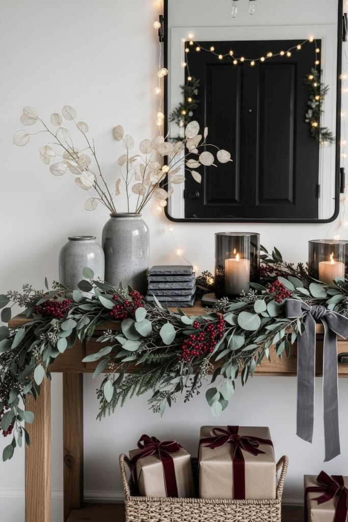 Cozy-Luxe Ideas for Burgundy Christmas Decor 23 Console table styled with eucalyptus garland, candles, silver-grey vases, and presents with burgundy ribbon beneath.