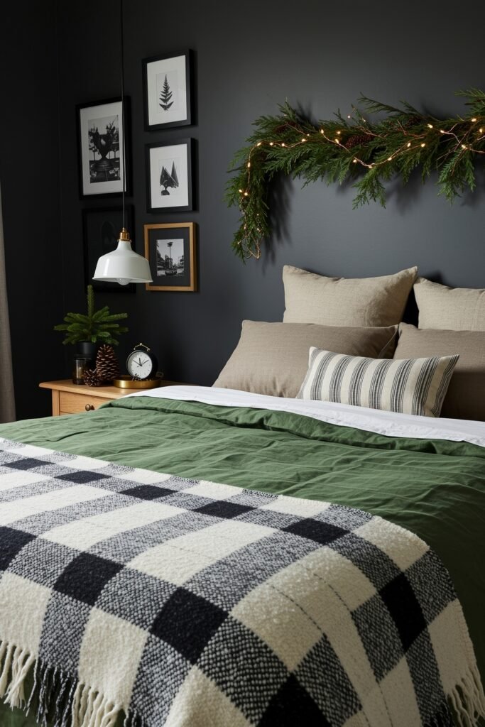 Elevate Your Bedroom with Cozy Christmas Bedding 23 Dark-walled bedroom with green and beige bedding topped with a buffalo check throw, accented by framed black-and-white art and garland with lights.