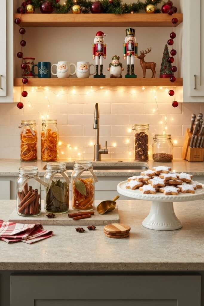 Cozy Ways to Style a Christmas Kitchen That Feels Magical 19 Playful christmas kitchen with nutcrackers, string lights, red ornaments, and jars of dried citrus and spices, with a pedestal of powdered star cookies as the centerpiece.