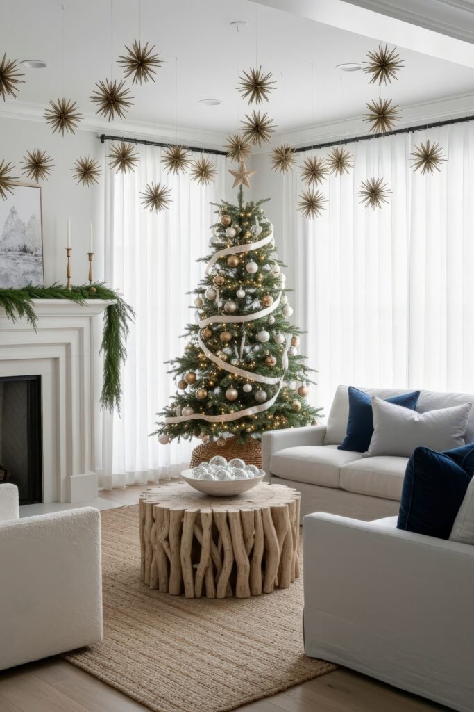 Cozy, Modern Magic for Your christmas living room 23 A bright christmas living room with a tree decorated in metallic ornaments, golden starburst ceiling decorations, and a rustic wood coffee table with a bowl of silver ornaments.