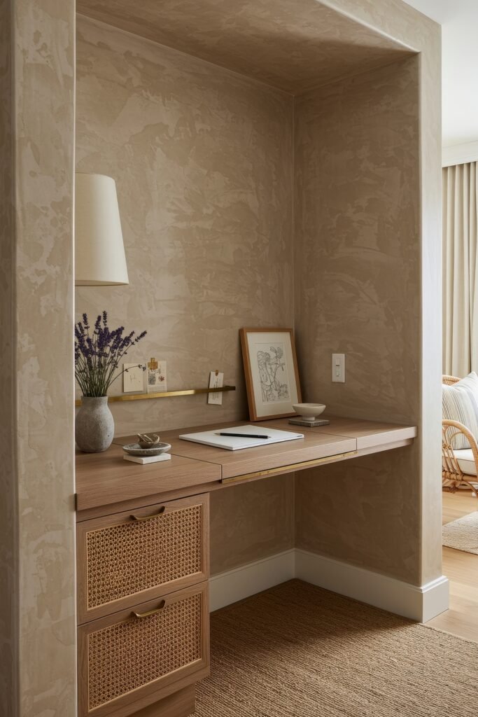 Closet Office (Cloffice) Ideas For A Chic, Calm Workspace 24 Built-in workspace with cane-detailed drawers, plaster finish walls, and simple styling with lavender and artwork.