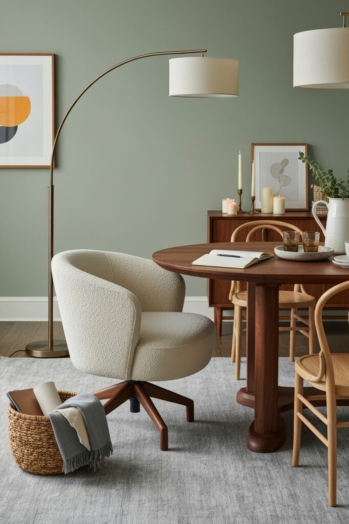 Design-Forward Ways to Style a Dining Room Office Combo 23 Modern dining room office combo with a round walnut table, boucle swivel chair, and soft green walls accented by framed artwork and candles.