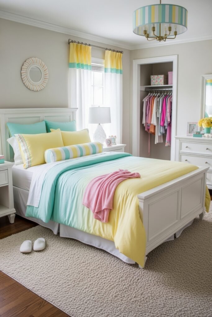 Fresh girls bedroom ideas for a stylish, cozy escape 25 Cheerful bedroom with aqua, yellow, and pink bedding, striped curtains, and playful pastel details.