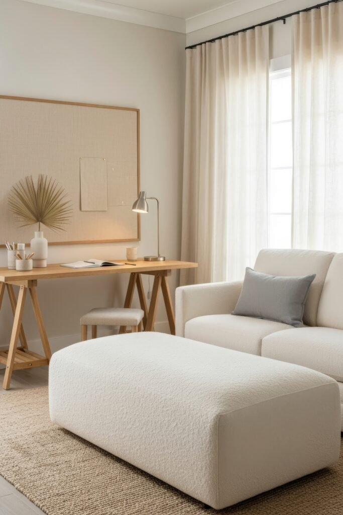 Clever Ways to Style a Home Office Guest Room Combo 22 Minimalist combo space featuring a white sofa, wood desk with simple styling, and natural light filtering through sheer curtains.