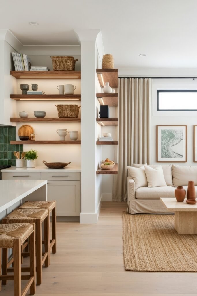 Smart Ways to Style a Kitchen and Living Room Combo 24 Stylish and cohesive combo space with layered wood shelving, woven textures, and light neutral tones, seamlessly connecting the kitchen and living room areas with warm, natural accents.