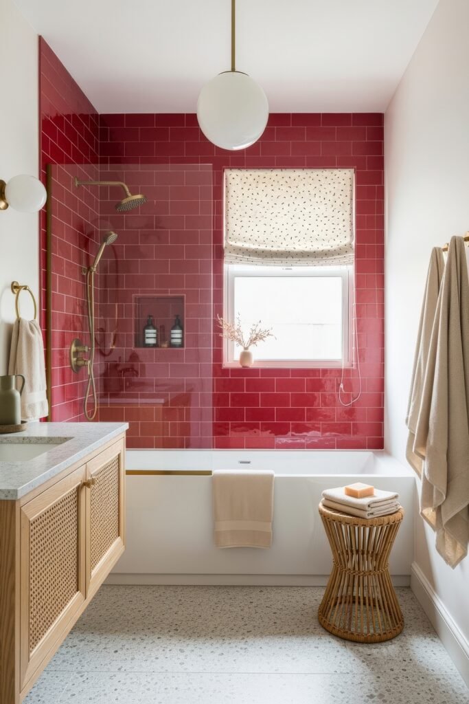 13 Bold Ideas for Red Bathroom Decor That Wow 24 Bright bathroom with red subway tiled tub-shower, rattan side table, and wood vanity, complemented by brass fixtures and light textiles.