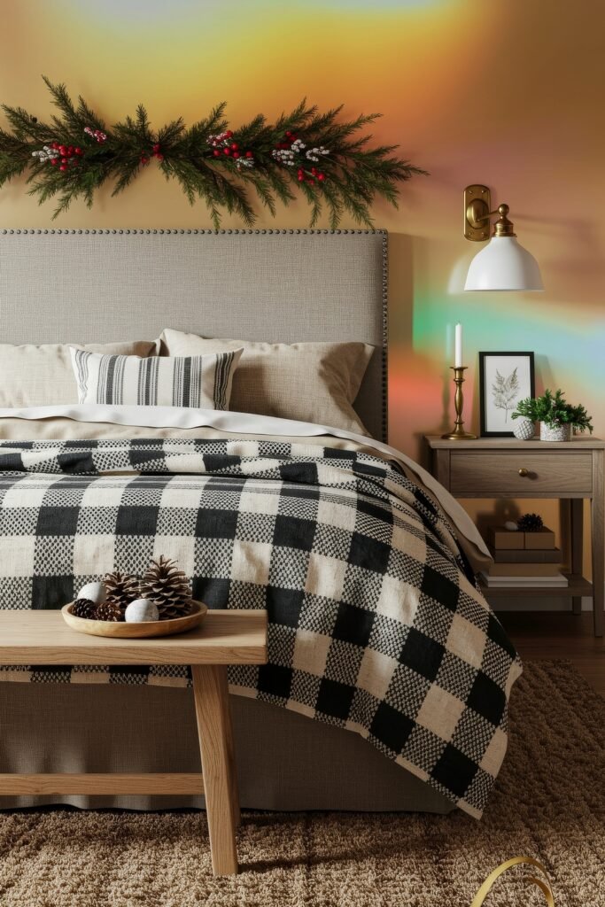 Elevate Your Bedroom with Cozy Christmas Bedding 24 Cozy bedroom with beige headboard, buffalo check bedding, and striped accent pillow, styled with festive garland and holiday greenery.