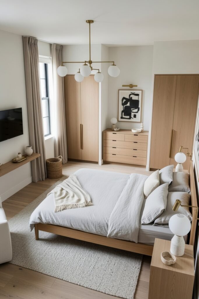 Effortlessly Stylish bedroom ideas for men That Feel Personal 22 Bright minimalist bedroom with light wood furnishings, off-white linens, soft neutrals, and brass accents, ideal for serene and modern bedroom ideas.