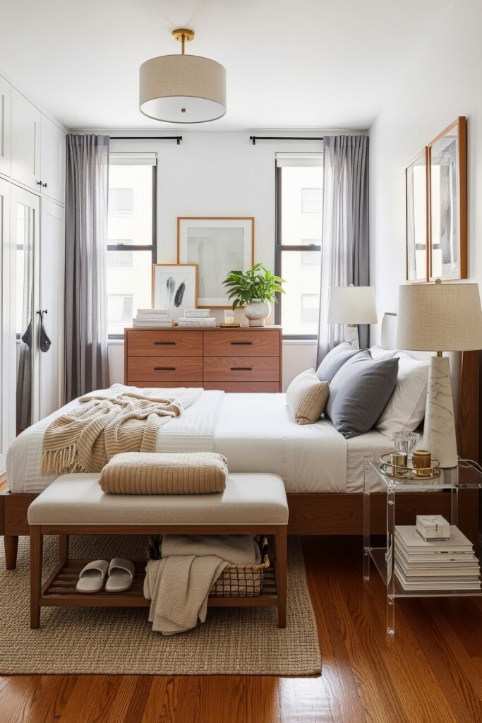 Bright bedroom with wood furniture, layered white bedding, neutral accents, and a bench with storage, styled as a functional bedroom idea for small rooms.