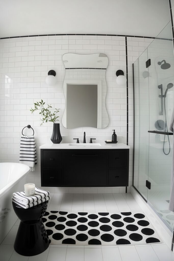 Fresh Ideas for Black and White Bathroom Decor 23 Playful and modern bathroom with white subway tile, a wavy-edged mirror, bold polka dot rug, and black vanity, enhanced by graphic stripes and minimal decor.