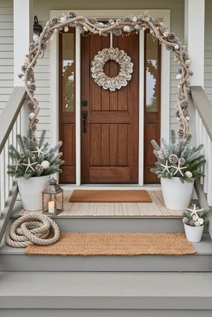 Cozy Entry Magic for christmas porch décor 21 Nautical-inspired porch with a wooden door, oyster shell wreath, driftwood garland with pinecones, potted evergreens decorated with starfish, and a coiled rope accent.