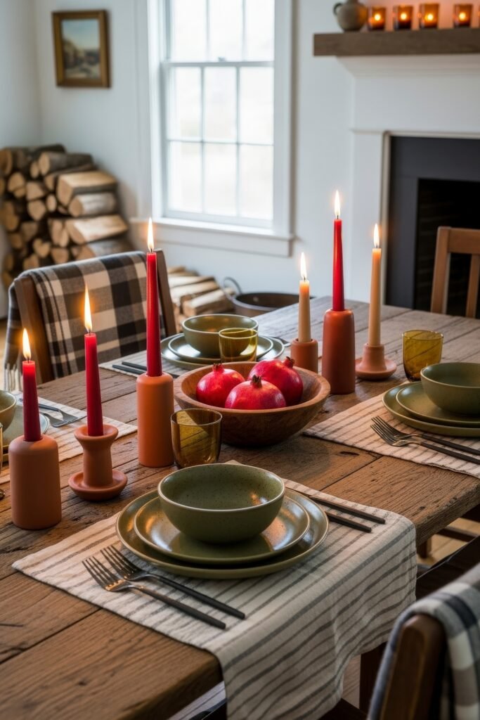 Modern, Cozy Ideas for Fall Thanksgiving Décor 23 A rustic dining table with striped linens, red and tan candles, earthy green dinnerware, and a wooden bowl of pomegranates for warm fall Thanksgiving décor.