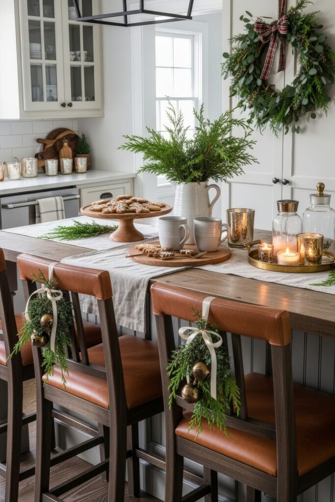 Cozy Ways to Style Farmhouse Christmas Décor 21 Festive kitchen island styled with greenery, candles, gingerbread cookies, and mugs, with chairs decorated with evergreen sprigs and brass bells.