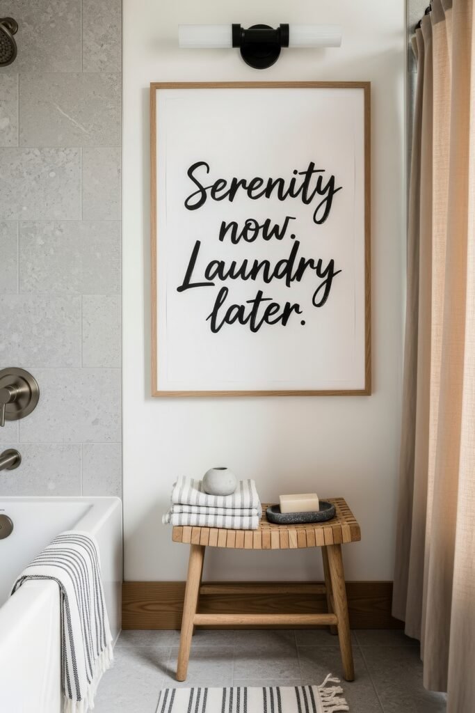 Small Changes, Big Smiles with funny bathroom decor 29 Neutral bathroom decor with striped accents, natural wood stool, and a framed “serenity now, laundry later” sign adding a laid-back funny bathroom decor moment.