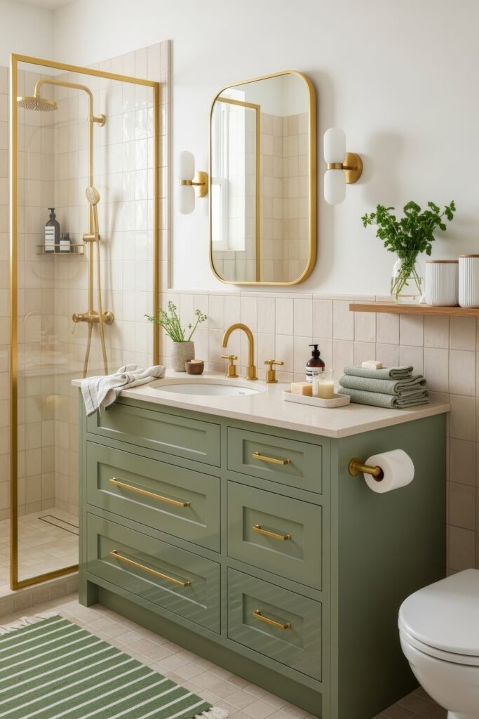 Bathroom Decor Inspo: Fresh Ideas for gold bathroom decor 23 Fresh bathroom with sage green vanity, gold bathroom decor, cream tiled shower, and natural greenery for a modern yet cozy style.