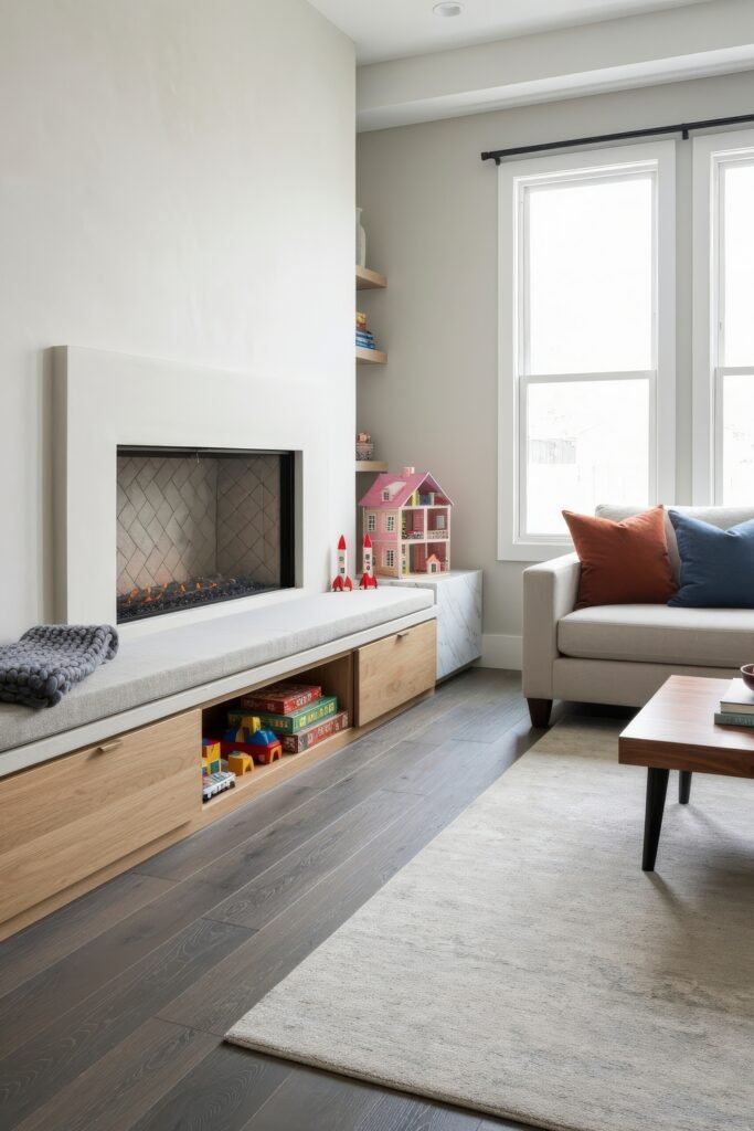 A Living Room Playroom Combo That Works 22 Modern family room with a fireplace, built-in bench seating, toy storage, and a dollhouse beside a neutral sofa with colorful pillows.
