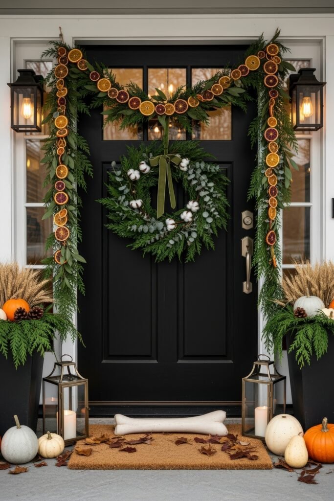 Warm, Modern Thanksgiving Door Decorations to Welcome Fall 17 Black door framed with citrus garlands and greenery, featuring a wreath of cotton and eucalyptus tied with a green ribbon, alongside lanterns, pumpkins, wheat, and pinecones.
