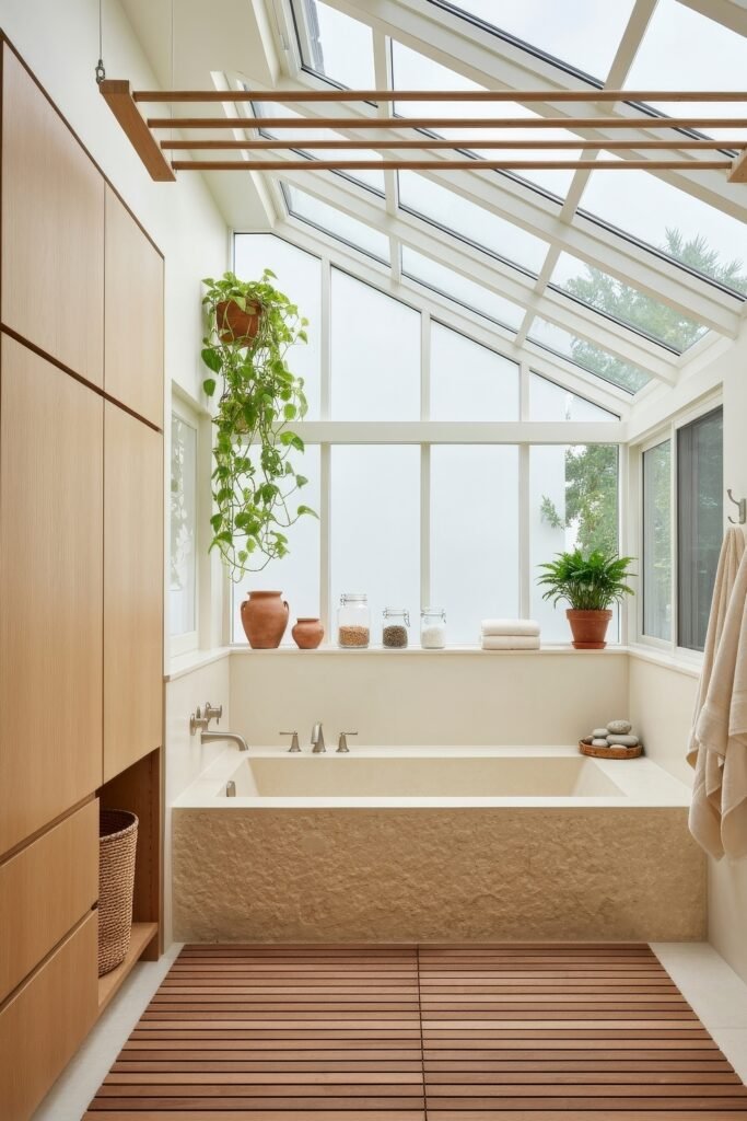 Stylish Small Spaces: Bathroom Laundry Combo 22 Sunlit bathroom with a stone soaking tub under a glass roof, surrounded by potted plants, terracotta jars, and wood cabinetry with hidden laundry storage.