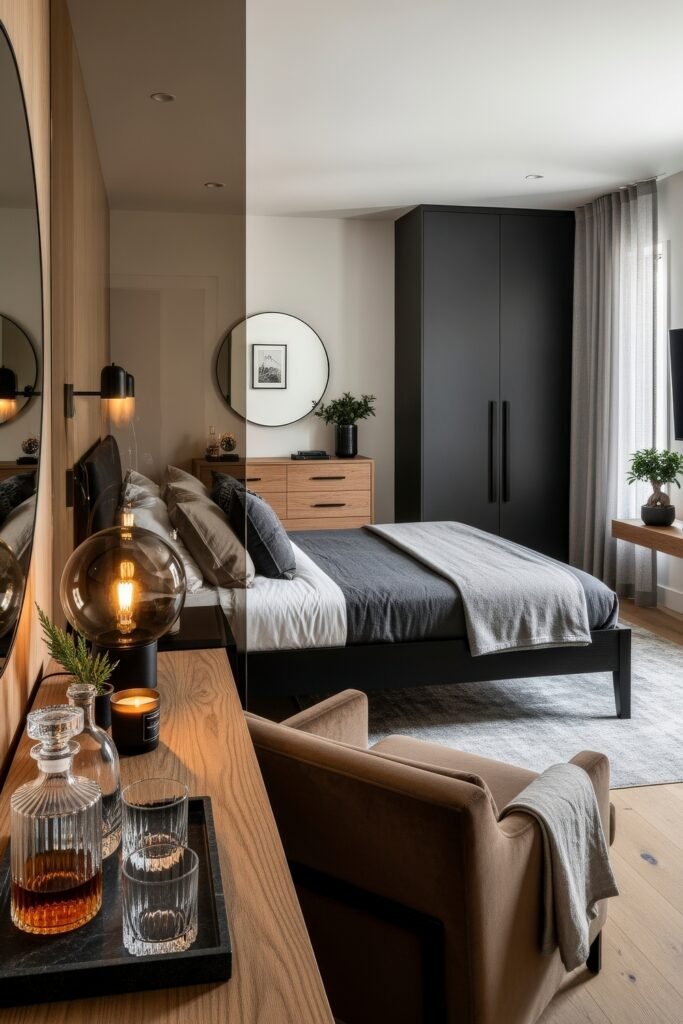 Effortlessly Stylish bedroom ideas for men That Feel Personal 23 Sophisticated bedroom with black and wood contrasts, plush bedding, warm lighting, and a cozy reading nook, offering polished bedroom inspiration.