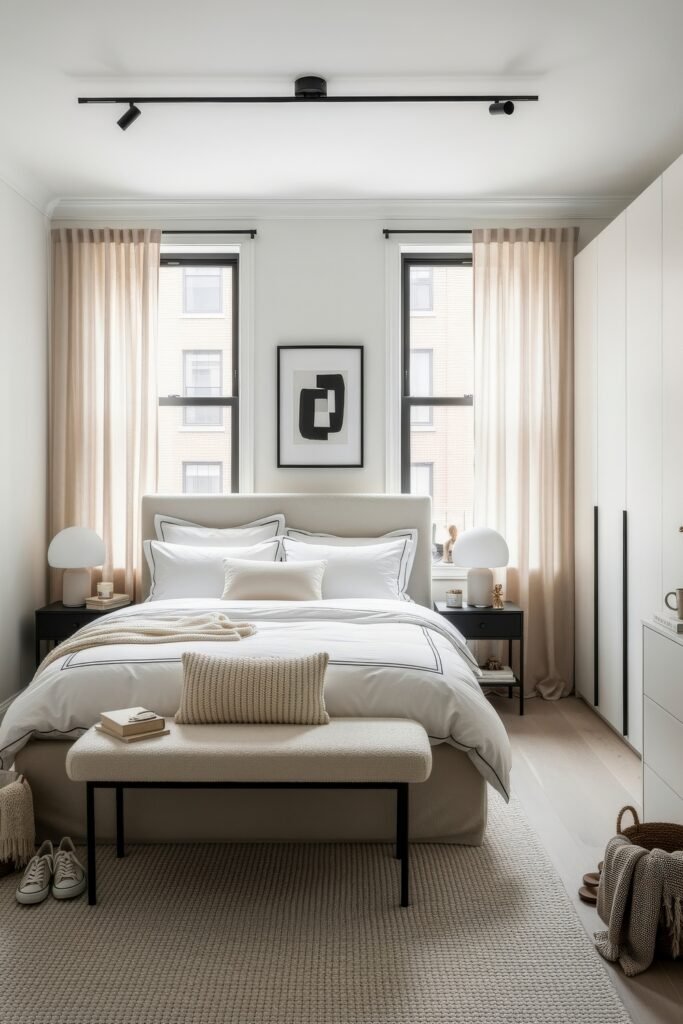 Minimalist bedroom with soft beige curtains, white bedding, and black accents, featuring a sleek bench and simple artwork.