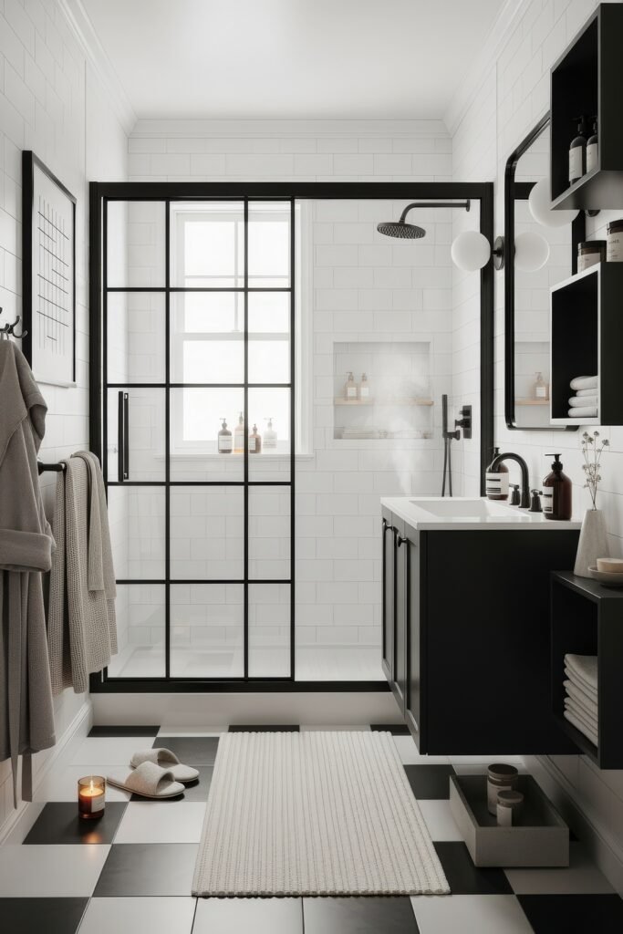 Fresh Ideas for Black and White Bathroom Decor 24 Stylish bathroom with a black-and-white palette, grid-framed shower glass, and floating vanity, complemented by large checkered floor tiles and warm candlelight.