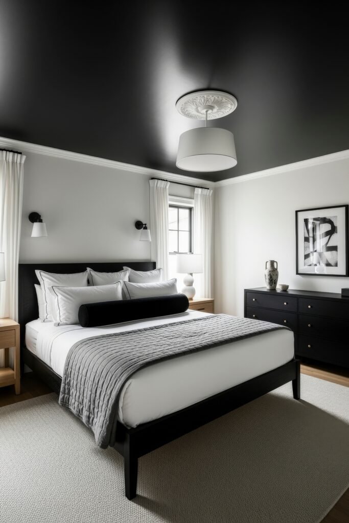 Contemporary bedroom with a black bed, layered gray and white bedding, black ceiling with a white pendant light, and wood nightstands.