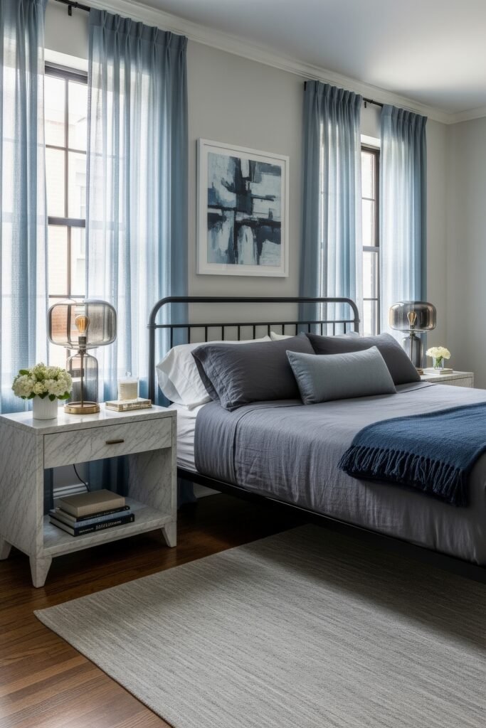 Fresh blue bedroom ideas for a calm, chic retreat 26 Sleek bedroom with black metal bed frame, gray bedding, blue throw blanket, marble nightstands, and abstract blue artwork.