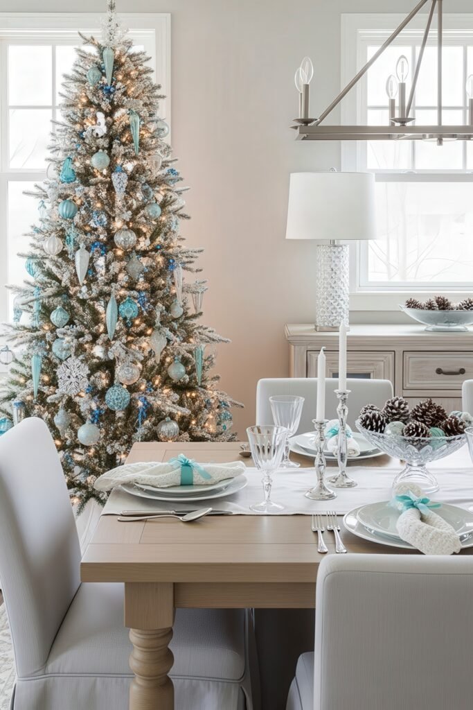 Cozy Holiday Magic With Blue Christmas Décor 24 Dining room with a tall frosted Christmas tree decorated in icy blue and silver ornaments, glowing beside a table set with white linens and crystal accents for a festive look.