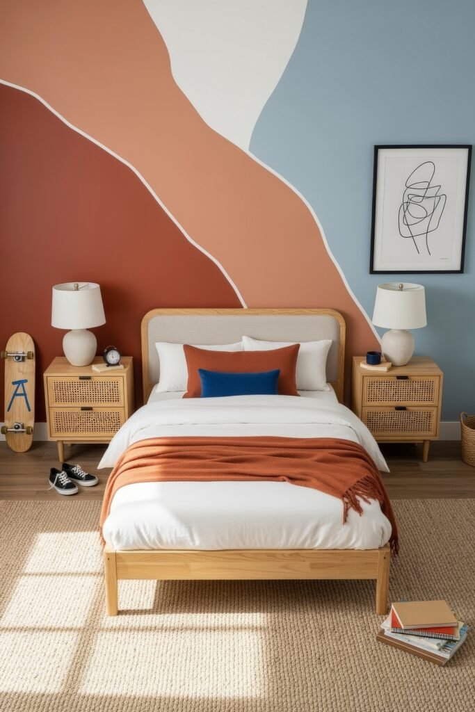 Breezy, Stylish Boys Bedroom Ideas for Modern Families 25 Playful modern boys bedroom with abstract color-block mural in terracotta and blue, white bedding with rust accents, and natural woven textures for a creative and cozy space.