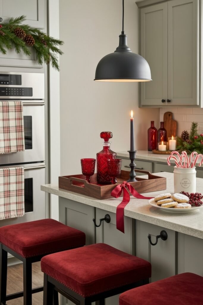 Cozy Ways to Style a Christmas Kitchen That Feels Magical 20 Cozy kitchen bar area with rich red accents, plaid dish towels, red glassware on a wooden tray, candy canes, and cookies, surrounded by greenery and soft candlelight.