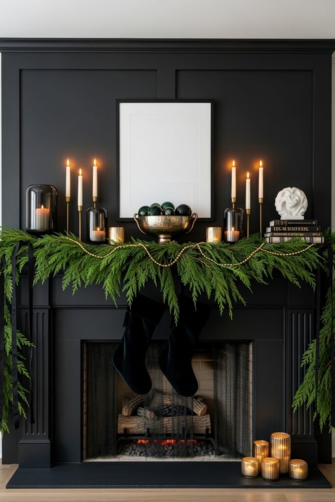 Dramatic black mantle with lush greenery, gold accents, glowing candles, and two dark stockings hanging over a cozy fire.
