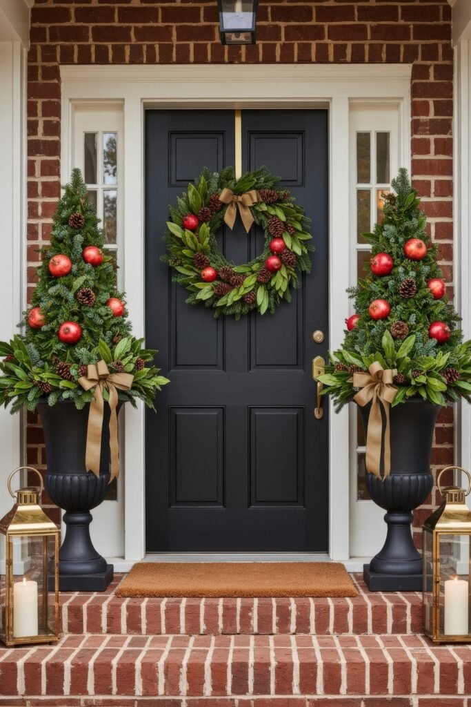Cozy Entry Magic for christmas porch décor 22 Brick entry with black double doors, flanked by tall potted evergreens decorated with red ornaments and pinecones, a matching wreath, and gold lanterns with candles.
