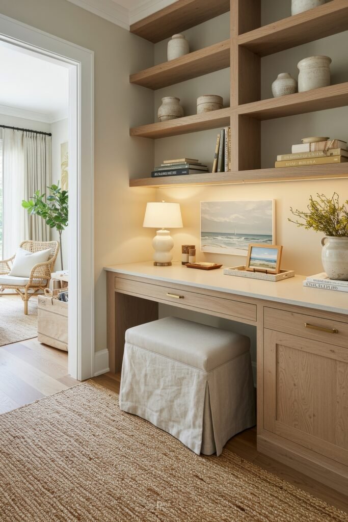 Closet Office (Cloffice) Ideas For A Chic, Calm Workspace 25 Warm wood desk nook with open shelving, marble-look backsplash, and coastal artwork styled with lamps and greenery.