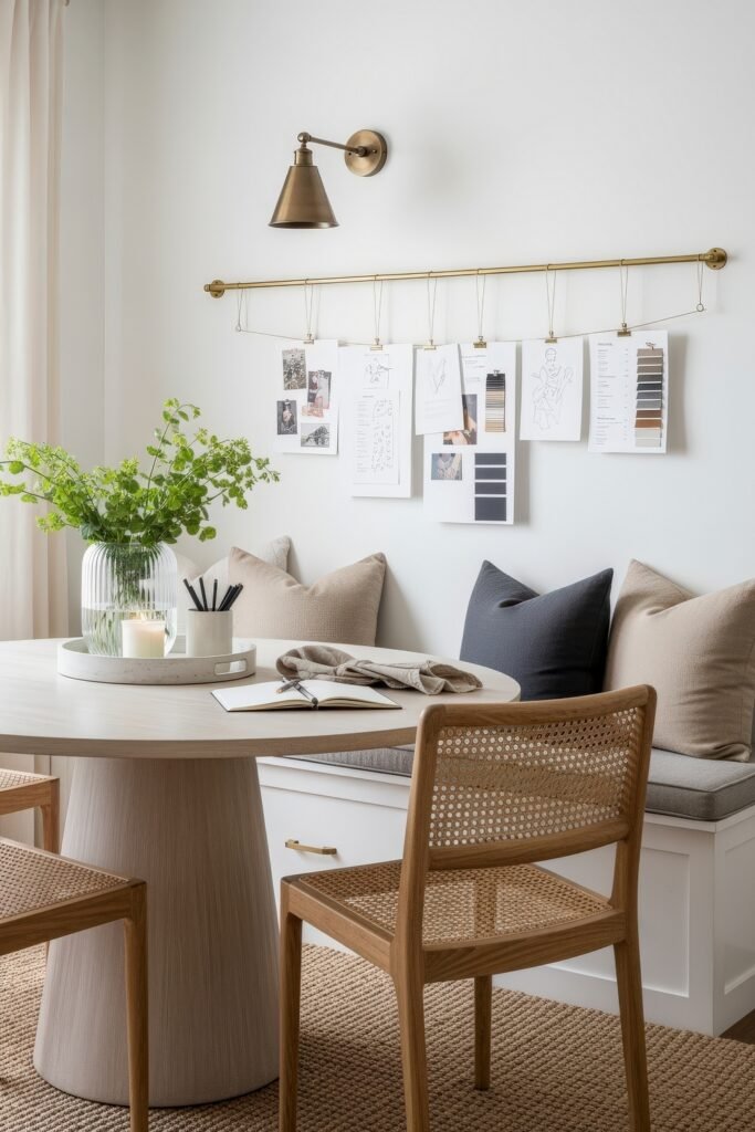Design-Forward Ways to Style a Dining Room Office Combo 24 Bright nook with a round pedestal table, rattan chairs, and a built-in bench under a brass sconce, styled with greenery and pinned design sketches.