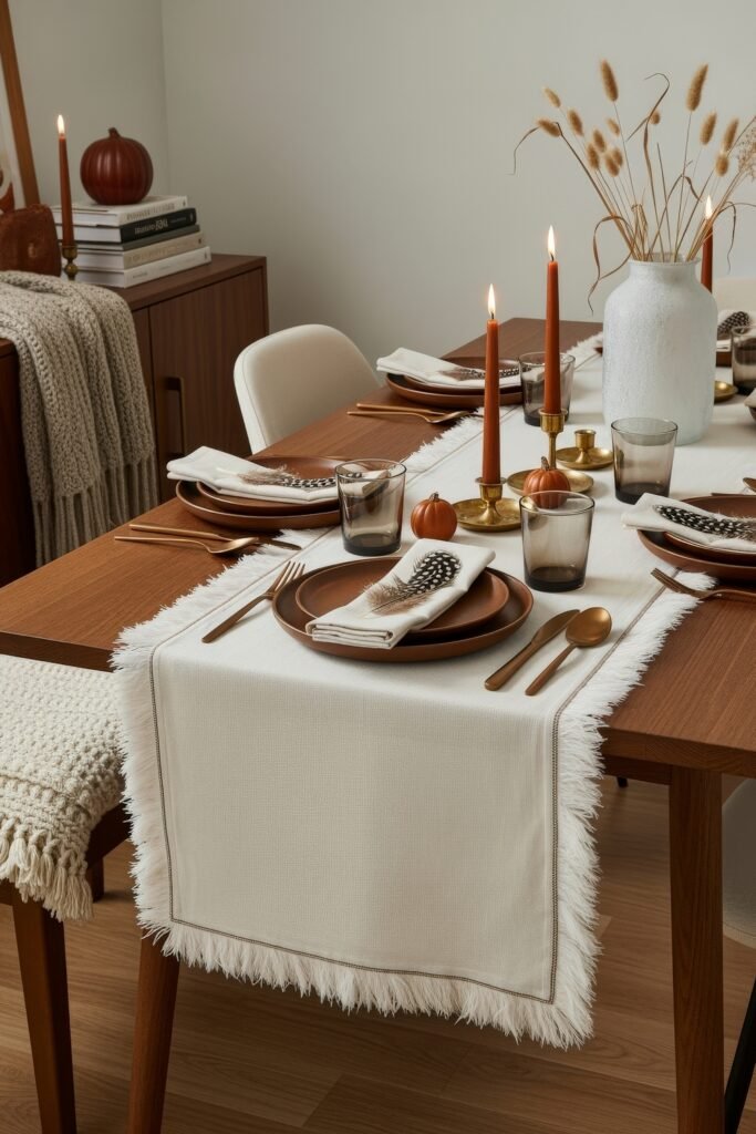 Modern, Cozy Ideas for Fall Thanksgiving Décor 24 A modern dining table decorated with rust-colored candles, brass holders, neutral linens, and feather-detailed napkins for an elegant Thanksgiving décor.