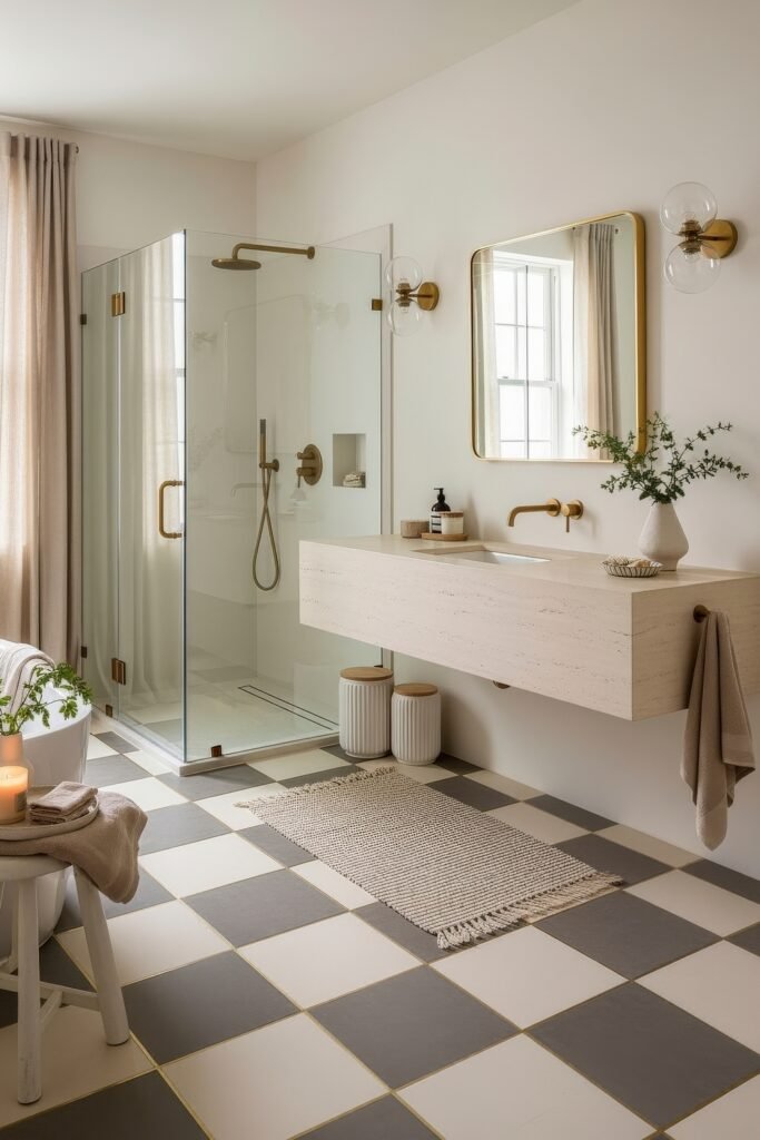 Bathroom Decor Inspo: Fresh Ideas for gold bathroom decor 24 Light-filled bathroom with checkered floor tiles, floating vanity, glass shower enclosure, and gold accents for a clean, modern aesthetic.