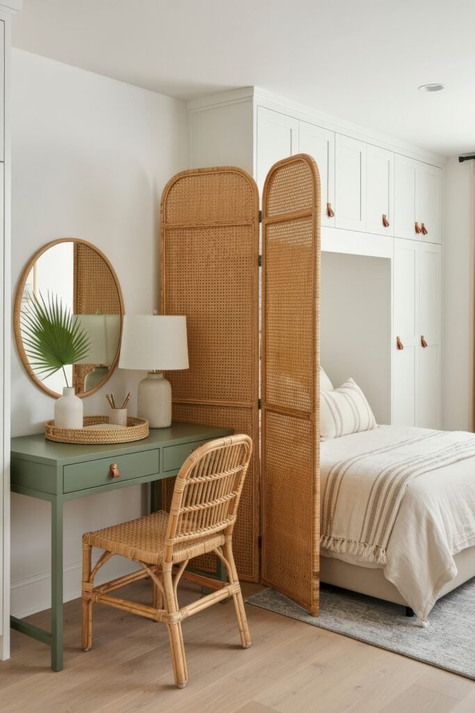 Clever Ways to Style a Home Office Guest Room Combo 23 Cozy and natural guest room office combo with a cane room divider separating a bed from a green desk and woven chair, styled with earthy accents.