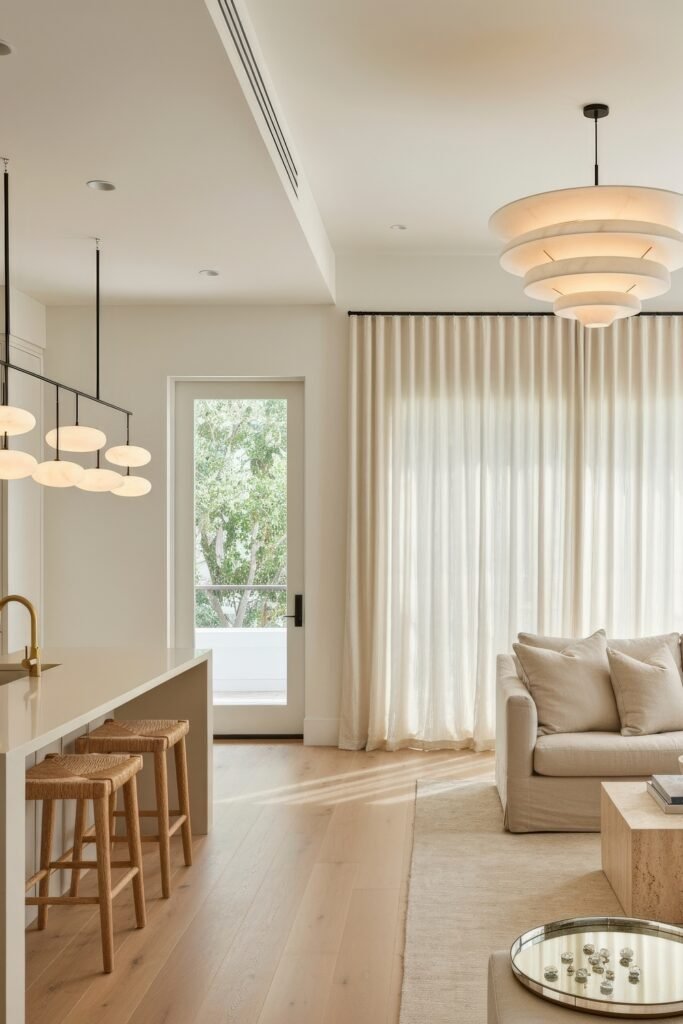 Smart Ways to Style a Kitchen and Living Room Combo 25 Refined and minimalist kitchen and living room combo featuring light wood tones, modern lighting, and soft furnishings, anchored by sculptural pendants and simple, elegant lines.
