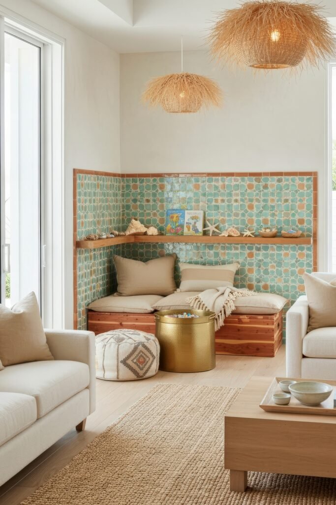 A Living Room Playroom Combo That Works 23 Coastal-inspired nook with teal mosaic tile walls, cushioned benches, seashell decor, and woven lighting in a light-filled living room.