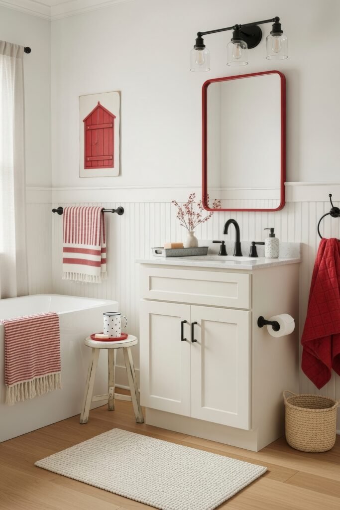 13 Bold Ideas for Red Bathroom Decor That Wow 25 Fresh white bathroom with red accents, including striped towels, framed wall art, and a red-framed mirror for a playful bathroom decor look.